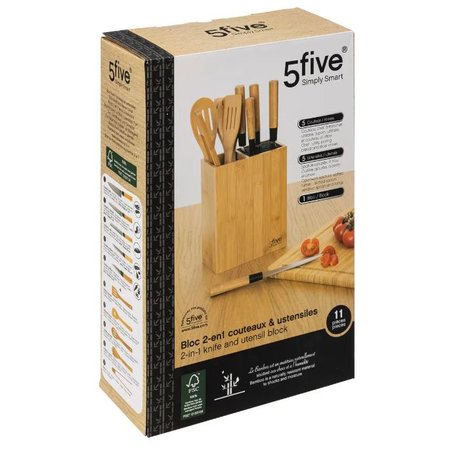 5FIVE Keukenblok met 5 Messen en 5 Keukenhulpjes, Bamboe
