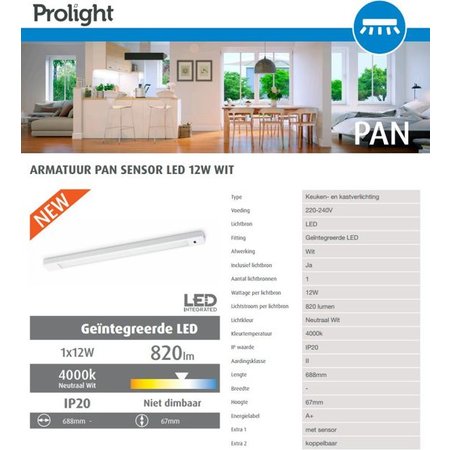 Prolight Pan LED Cabinet Light 12W 820Lm + Sensor