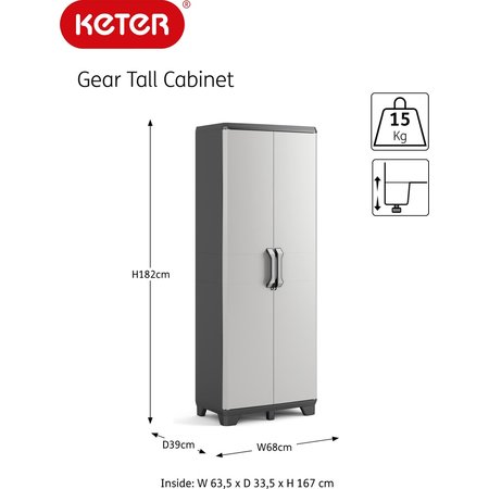 KETER Opbergkast Gear High Cabinet - 4 Planken - 68x39x182 cm - Zwart/Grijs