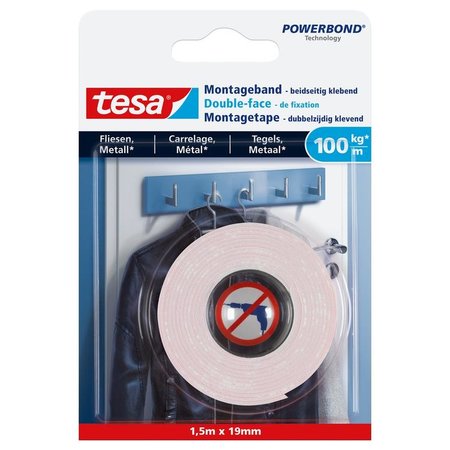 Tesa Powerbond Dubbelzijdige Montagetape Tegels & Metaal 1,5m x 19mm